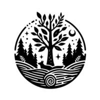 Black and White Circular Illustration of a Forest Scene with a Tree, Fox, and a Crescent Moon with a stylized . vector