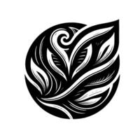 Intricate Black and White Stylized Leaf Within a Symmetrical Oval, Showcasing Organic Lines and Decorative Flourishes. vector