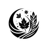 A minimalistic circular emblem in black and white, featuring a maple leaf, other leaves, stars, and organic shapes, evoking nature and simplicity. vector