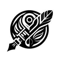 A stylized black and white of a quill pen intersecting a circular emblem featuring tribalesque leaf and heartlike shapes, centered. vector
