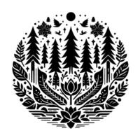 Black and white circular nature illustration with stylized trees, flora, birds, a moon, and snowflake elements. vector