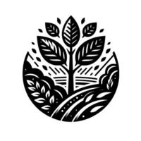 Black and white circular nature emblem, illustrating a tree with large leaves, surrounded by stylized fields and foliage, representing growth and environment. vector