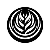 Elegant Monochromatic Coffee Latte Art, LeafShaped Centered in a Black Circle, Modern Minimalist Aesthetic, White Background. vector