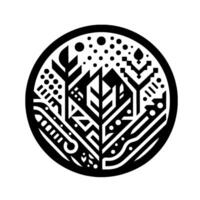 Geometric Black and White Circular Illustration with Stylized Nature Elements, Emphasizing Symmetry and Modern . vector