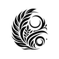 Symmetrical Black Floral with Leafy Elements and Circular Accents on White Background, Minimalist Art vector
