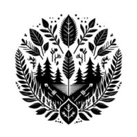 Black and White Art of a Forest Scene with Leafy Border and Geometric Accents, Circular Composition. vector