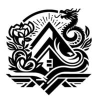 Stylized Black and White Dragon, House, and Floral Motif Emblem in a Circular Arrangement. vector
