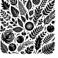 A monochrome botanical featuring diverse leaves, berries, and stylized fruits creating a repeating pattern on a white backdrop. vector