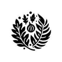 Stylized Black and White Botanical Crest with Fig, Leaves, and Berries on a White Background. vector