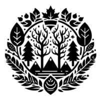 Circular black and white nature illustration featuring trees, mountains, leaves, and a forest scene within a detailed, decorative frame. vector