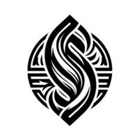 Symmetrical Abstract Black and White Featuring Ornate Lines and Curves within a Leaflike Shape, Encased in a Circular Framework. vector