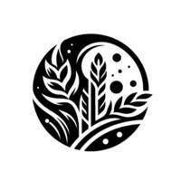 Black and White Circular Illustration of Ornamental Plants, Leaves, and Grain, with a Crescent and Dots. vector