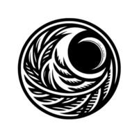 Circular Black and White Tribal Featuring a Crescent and Swirling FeatherLike Elements on White Background. vector