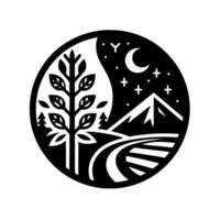 YinYang Nature Scene Black White Circular Landscape with a Tree, Mountains, Moon, and Stars, Representing Day and Night. vector