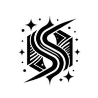 Black and White Geometric with flowing S shape, within hexagon, adorned with starbursts and dots against white background. vector