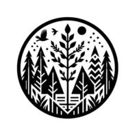 Black and White Circular Illustration of Forest Scene with Trees, Birds, and Celestial Elements. vector