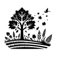 Stylized Monochrome Illustration of a Tree, Falling Leaves, Grass, and a Flying Bird, Depicting Natural Scene. vector