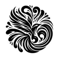 Circular, stylized black and white depiction of a bird with flowing, leaflike wings and swirling elements, evoking movement and elegance. vector