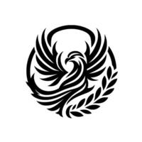 Black Phoenix Emblem with Olive Branch Inside a Circle, Represents Rebirth, Resilience, and Peace, Set Against White Background. vector