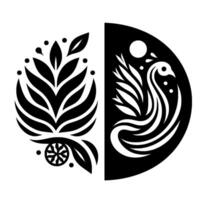 Yin Yanginspired black and white artwork a symmetrical composition featuring plant life on one side and a swanlike bird on the other. vector