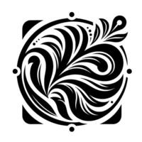 Intricate Black White Floral Swirl , Circular Composition within a Square Frame, Minimalist Ornament. vector