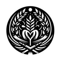 Intricate monochrome emblem within a circle, featuring a stylized heartshaped core and wheatlike elements with a celestial orb at the top. vector