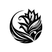Intricate Black White Floral Motif Enclosed in a Circle, Featuring Ornamental Leaves, Spirals, and a Modern Artistic Style vector