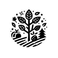 Minimalist Black and White Circular Nature Illustration with Tree, Leaves, Apple, Berry, Fir, and Field. vector