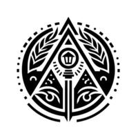 Monochromatic Geometric Emblem Featuring a Lamp Post, Triangles, Leaves, Cresents, and Circular Decorative Border on White Background. vector