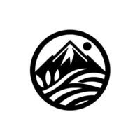 Black and white minimalist circular featuring stylized mountain peaks, sun, and water waves within a simple, clean . vector