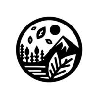 Black and white circular minimalist landscape featuring a mountain, trees, leaves, and sun on a white background. vector