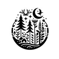 Symbolic Black and White Circular Illustration of a Forest Scene with Stag Antlers, Moon, Bird, Trees, and a Small House vector