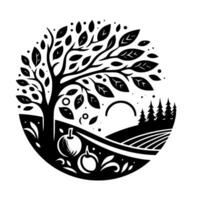 Symbolic blackandwhite circular illustration of a fruit tree, landscape, and stylized orchard within a minimalist artistic . vector
