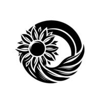 Stylized Black and White Sunflower Within an Orbit of Elegant Leafy Elements, Suggesting Natures Cycle and Renewal. vector