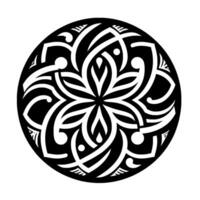 Intricate Black and White Floral Mandala in a Circular Frame, Featuring Geometric Patterns and Symmetry. vector