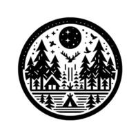 A minimalist circular illustration of a serene campsite scene at night, with a cabin, teepee, forest, moon, stars, and deer head silhouette. vector