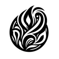 A symmetrical, stylized black and white teardropshaped abstract featuring swirling lines, leaflike forms, and geometric patterns, set against a stark white background. vector