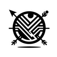 Abstract monochrome emblem featuring a circular shield with geometric patterns, pierced by arrows and a central eye symbol. vector
