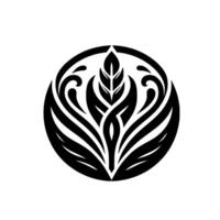 Black and white symmetrical floral emblem, stylized leaf within a circular frame, set against a pristine white backdrop, evoking elegance. vector