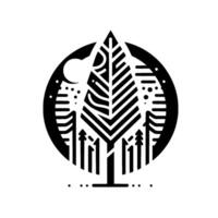 Black and White Geometric Illustration of a Nighttime Forest Scene with a Central Pine Tree, Moon, and Circular Frame vector