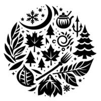 A monochromatic, circular features a teapot, leaves, trees, snowflakes, and a crescent moon, creating a stylized illustration. vector