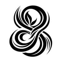 Abstract black and white floral , intertwined shapes forming an infinity symbol with leaves at the center, minimalist illustration. vector