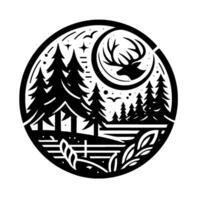 Circular Black and White Nature Scene with a Majestic Stag Silhouetted Against a Crescent Moon, Surrounded by Pines and Starry Sky. vector