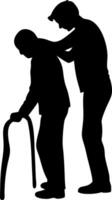 Supportive Caregiver Assisting Elderly Man with Cane Silhouette for Health Awareness Design vector