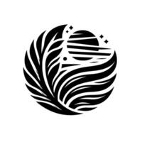 Abstract black and white circular featuring stylized leaves, a striped sphere, stars, and minimalist aesthetics. vector