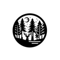 Black and white circular emblem of a deer in a forest with a crescent moon and stars, conveying a serene, nocturnal wilderness scene. vector