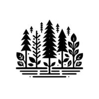 Black and white stylized illustration of a miniature forest with various trees, plants, and leaves, set on a simple base of horizontal lines. vector