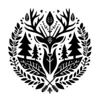 Stylized Black and White Circle Composition of a Deer Head with Antlers, Foliage, Trees, and Crossed Arrows, Decorative . vector