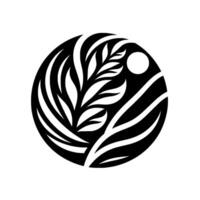 Minimalist Black and White Circular Featuring Floral Elements, a Leafy Sprig, and a Sphere, with High Contrast. vector