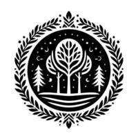 Minimalist Black and White Nature Emblem Circular featuring stylized trees, firs, stars, and a laurel wreath border. vector